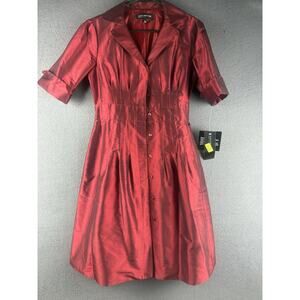 NWT Jones New York Button up Shimmering Red Dress 100% Silk Tie Back 6P
